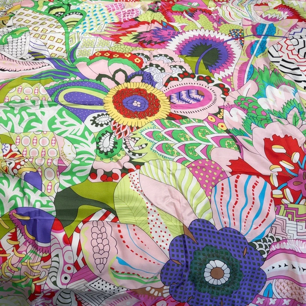 Large‎ Psychedelic Floral Silk Scarf Lime Green Pink Geometric 53x53 Made France